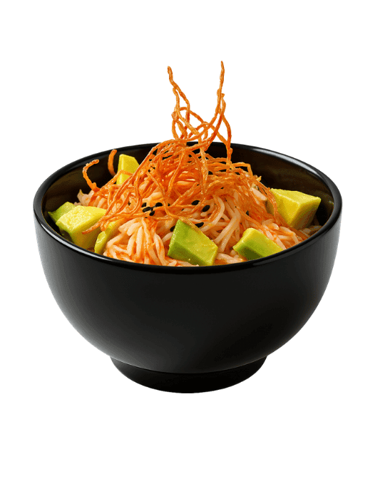 Dinamita — Ensalada de cangrejo, aguacate, crocante de cangrejo y ajonjolí.