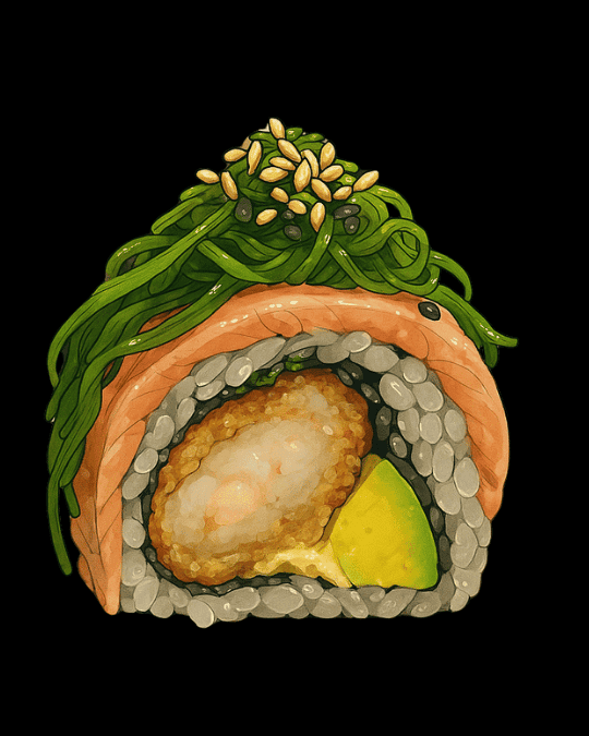 Saki Roll — Envuelto en salmón ahumado. Camarón, aguacate, queso crema. Topping: Wakame.