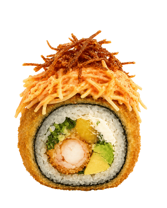 Tiger Roll — Camarón frito, queso crema, tajada, aguacate y cebollín. Topping: Dinamita, cangrejo crocante.
