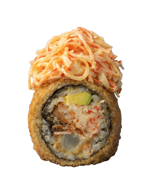 Kraki Roll — Dinamita, queso crema, aguacate, camarón frito, pepino crocante. Topping: Dinamita.