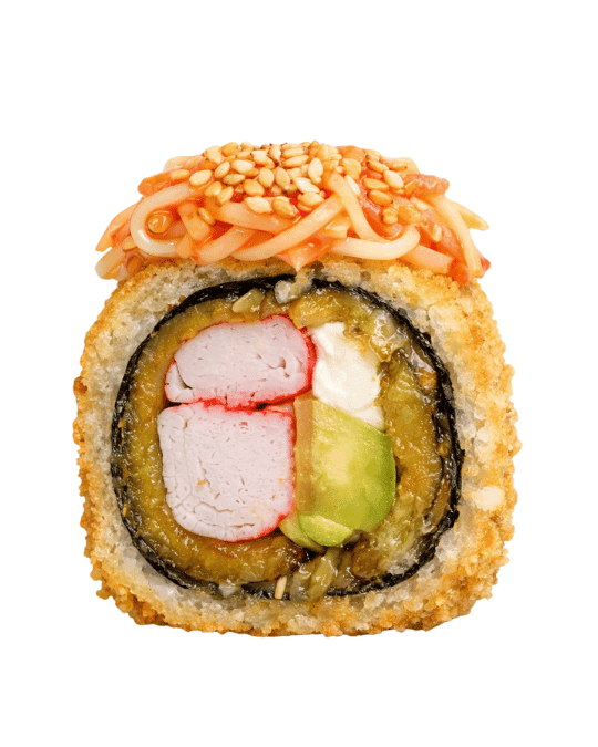 Paradice Roll — Sin arroz, relleno de tajadas, kanikama, aguacate, queso crema, cebollín. Topping dinamita y salsa fuji.