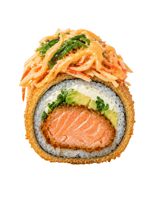 Salmon Roll — Salmón frito, queso crema, aguacate y cebollín. Topping: Wakame y dinamita con anguila.