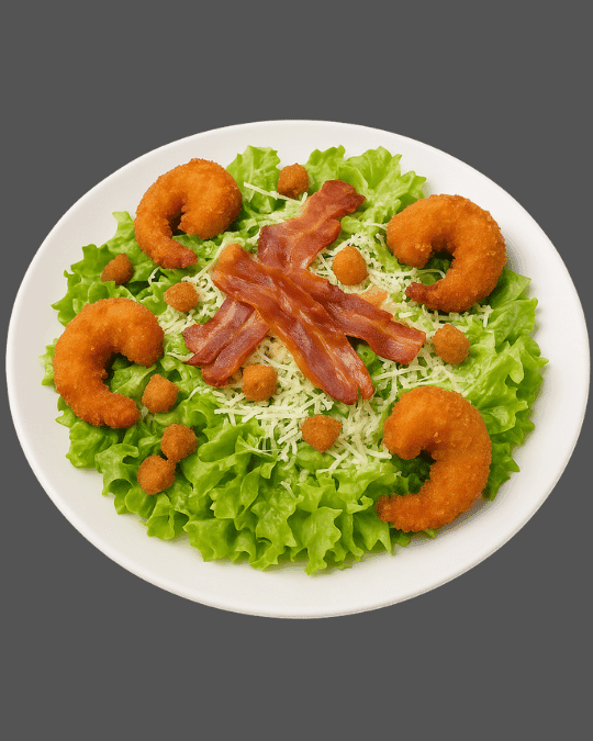 Ensalada — Lechuga, crutones, camarón frito, queso pecorino, aderezo cesar, tocineta.