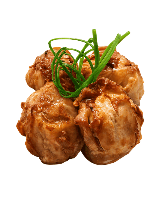 Shaomai — 5 bocados asiáticos rellenos de cerdo y vegetales, con salsa teriyaki.