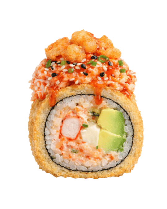 Spicy Roll — Crema de salmón PICANTE aguacate, queso crema y kanikama. Topping: dinamita picante y camarón frito en trozos.