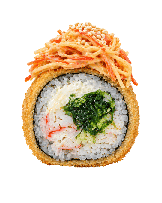 Kani Roll — Wakame, kanikama o surimi, aguacate, queso crema. Topping: Dinamita y camarón frito.