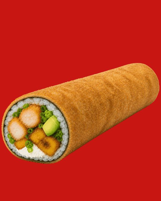 Tiger Hand — Camarón frito, tajada, queso crema, cebollín, aguacate.