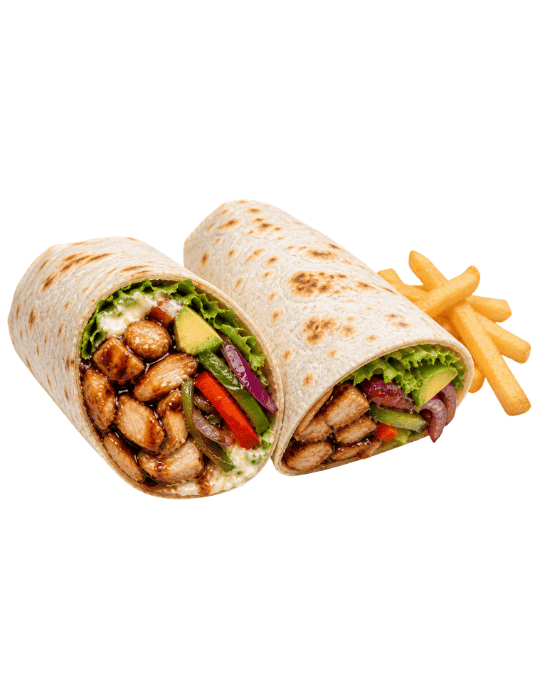 Teriyaki Wrap — Pollo en salsa teriyaki con vegetales salteados, queso crema, aguacate y lechuga.
