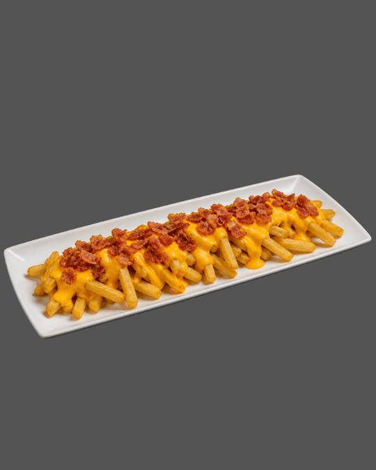 Papas Fritas — 380gr de papas fritas acompañadas de cheddar y tocineta o solas acompañadas de salsa ranch.