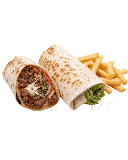 Beef Wrap — Lomito salteado, salsa ranch, tomate, cebolla, lechuga, queso mozzarella.