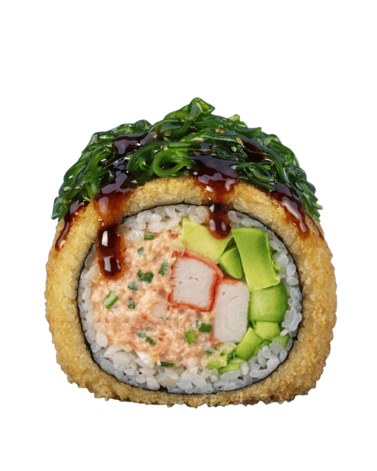 Tokio Roll — Crema de salmón con queso crema y cebollín, aguacate, pepino y kanikama. Topping: Wakame.