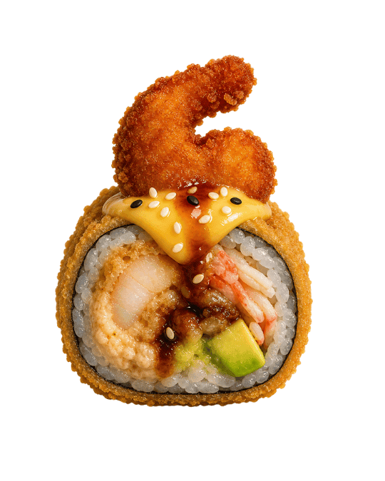 Dragon Roll SIN PICANTE — Crema dragon, cebollin, kani, aguacate, topping de salsa fuji y anguila más camarones fritos.