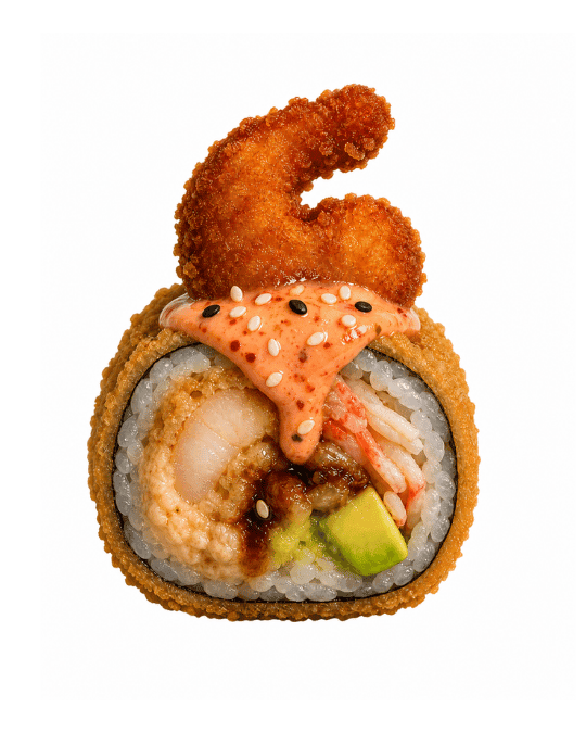 Dragon Roll PICANTE — Crema de camarón PICANTE con queso crema y cebollín, kanikama, aguacate. Topping: Fuji, anguila y camarones.
