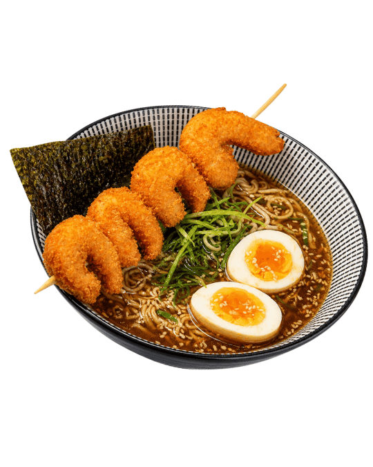 Tempura Ramen — Caldo, huevo, camarones fritos, cebollín, brotes, alga nori.