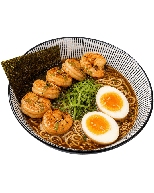 Ebi Ramen — Caldo, huevo, camarones salteados, cebollín, brotes, alga nori.