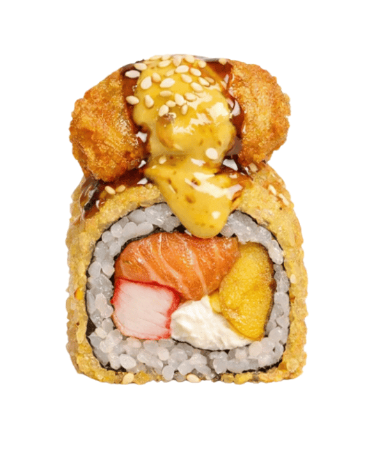 Tentación Roll — Salmón fresco, kani, queso crema, camarón salteado, tajada, cebollín. Topping: Camarón bañado en fuji y anguila.
