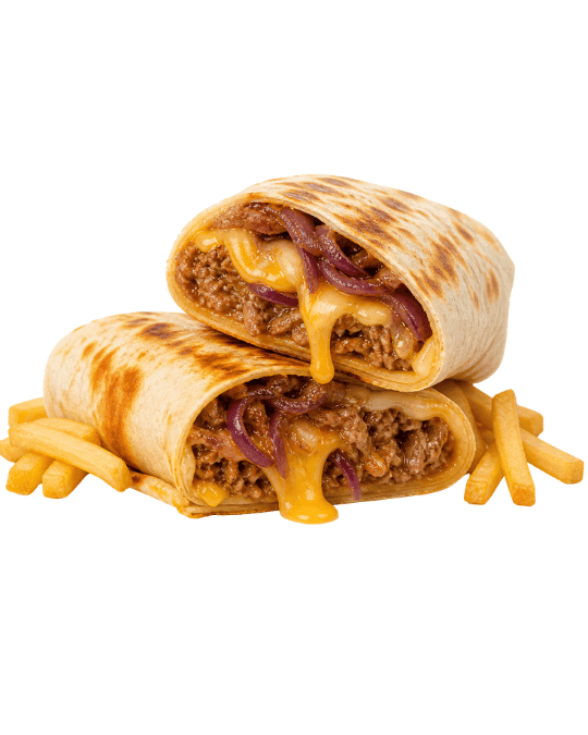 Wrap de Cerdo — Cerdo horneado, full queso amarillo, cebolla caramelizada, queso crema.
