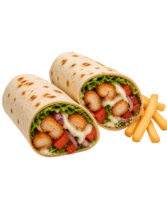 Camaron Wrap — Camarones fritos, queso crema, salsa ranch, lechuga, tomate, cebolla, queso mozzarella.